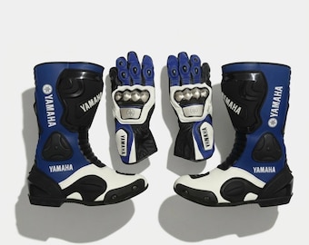 Yamaha Racing Boots & Gloves Set – Genuine Leather Motorcycle Gear for Men, Biker Gift, Protective Riding Wear, Sport Bike Accessories