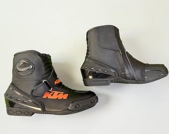KTM Motorcycle Racing Boots for Men – Handmade Genuine Leather Short Ankle Biker Riding Shoes