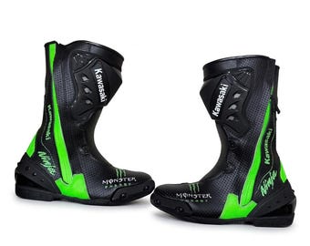 Botas de moto Kawasaki negras y verdes / Calzado de motociclista protector / Botas de cuero para motociclista, regalo para motorista