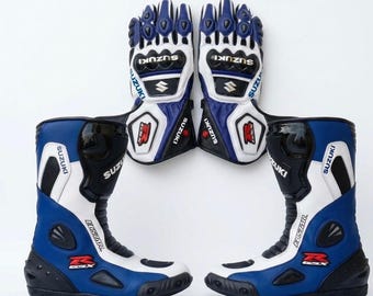 Suzuki GSX-R Leather Racing Boots and Gloves Set, Sport Bike Riding Gear