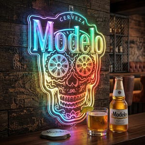 Peut inclure: Une enseigne au néon en forme de tête de mort mexicaine, avec le mot "Modelo" en grandes lettres. L'enseigne est éclairée de couleurs arc-en-ciel et est accrochée à un mur en bois. Une bouteille et un verre de bière avec une tranche de citron vert sont sur un bar en bois.