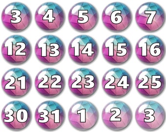Glass number magnets, Beautiful mix of purple, pink and blue, Calendar and memo boards