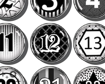 Big black and white glass numbers with a fun pattern  for a magnetic surface. For classrooms, teachers or planning.