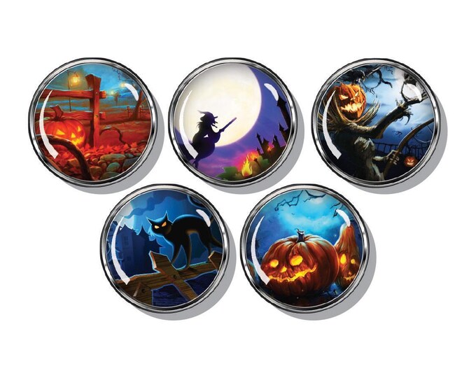 Witch, cat, pumpkin spooky Halloween magnets set of five