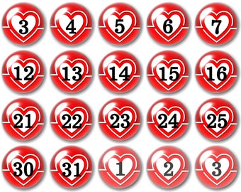 Valentine Calendar Magnets | Heart Number Cabochons, Set of 31