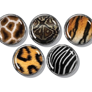 May include: Five round, silver-rimmed buttons with different animal print designs. The prints include giraffe, snake, tiger, leopard, and zebra.