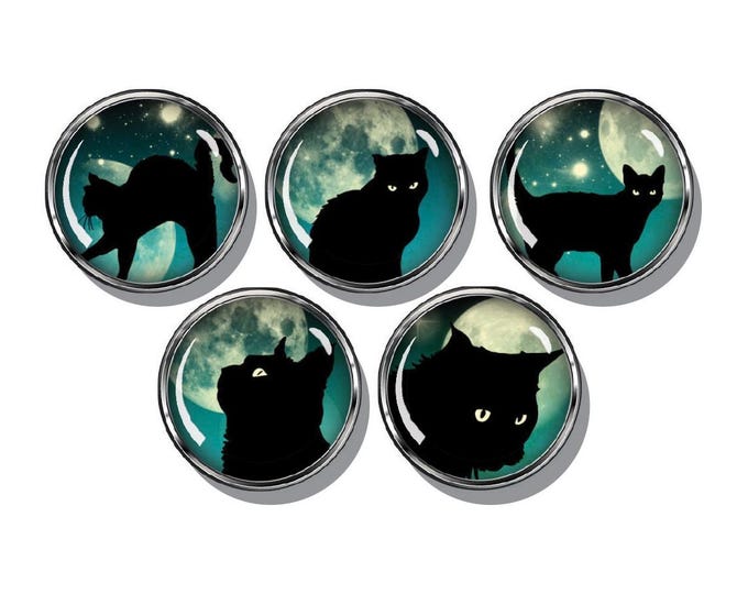 Black cats with the moon, Halloween cat set of five magnets