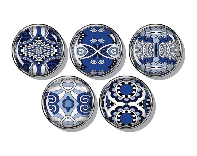 Aztec, tribal, blue, patterned, magnets set of five