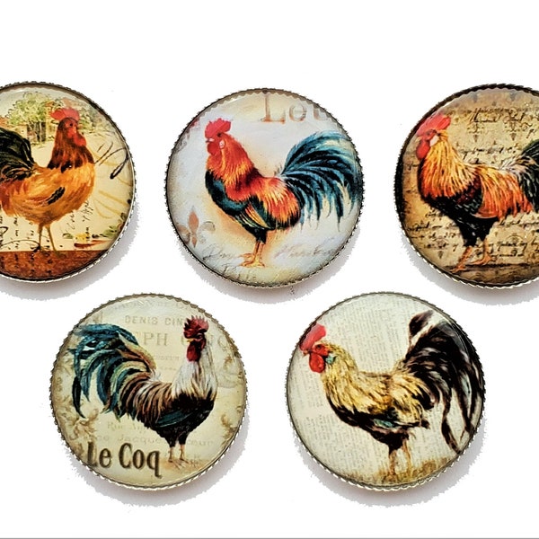 Set of five rustic roosters magnets