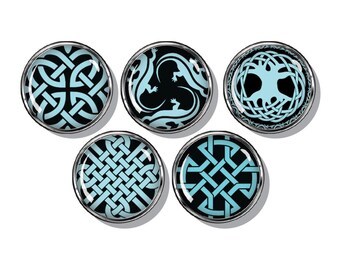 Celtic knot magnets, blue and black.
