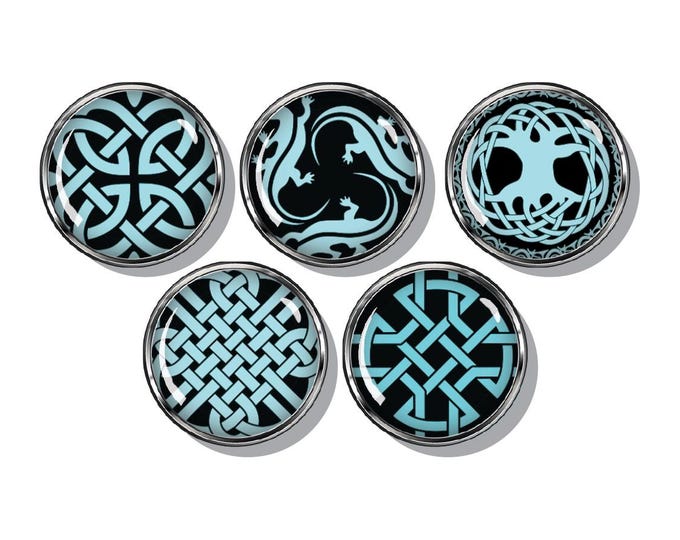 Celtic knot magnets, blue and black.