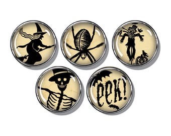 Halloween magnets, spider, witch, skeleton, scarecrow, bat