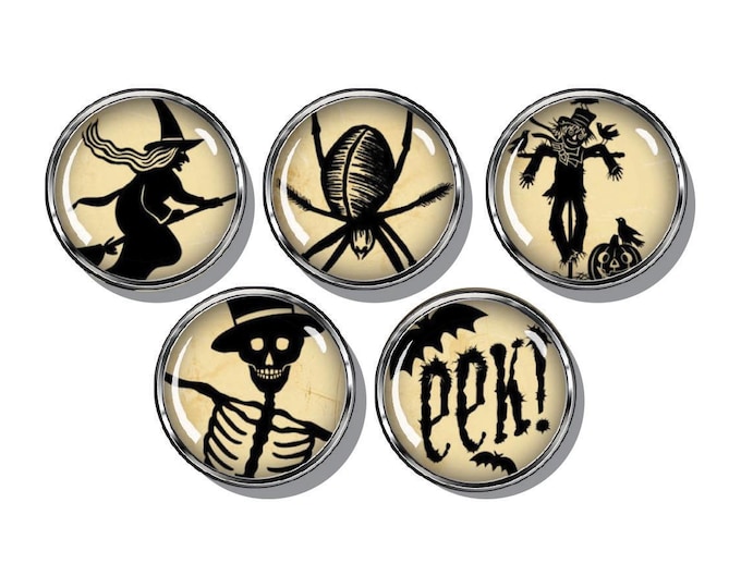 Halloween magnets, spider, witch, skeleton, scarecrow, bat