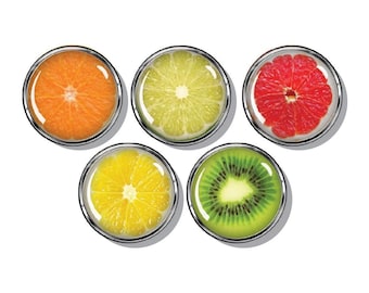 Fruit slices, lime, orange, kiwi, lemon, grapefruit, set of five magnets