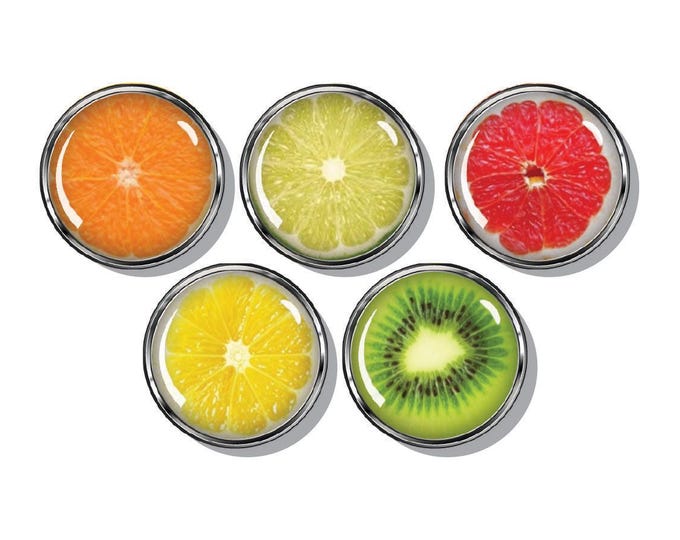 Fruit slices, lime, orange, kiwi, lemon, grapefruit, set of five magnets