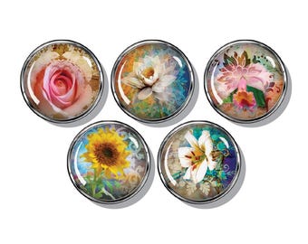 Boho floral fridge magnets, Pink rose lily and sunflower, set of five