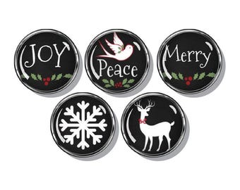 Joy, Peace, Merry, snowflake, Christmas magnets, set of five magnets