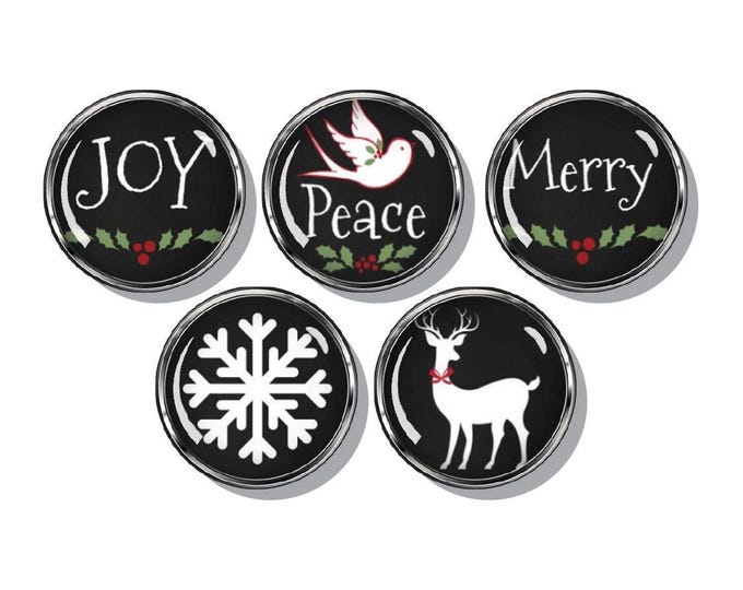 Joy, Peace, Merry, snowflake, Christmas magnets, set of five magnets