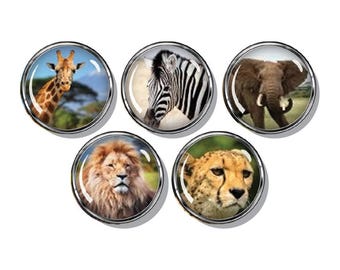 African animals' magnets, lion, elephant, giraffe, zebra, cheetah, set of five magnets