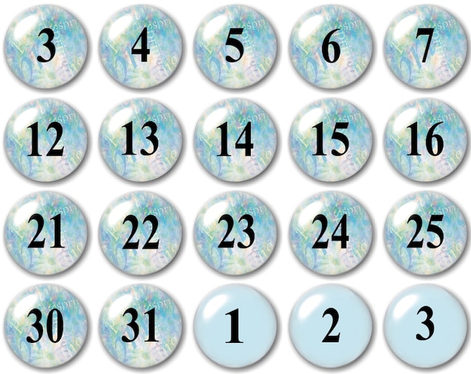 Glass light blue calendar number magnets