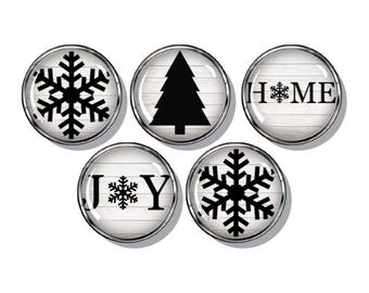 Winter magnets, Christmas tree, snowflakes, joy, set of five magnets