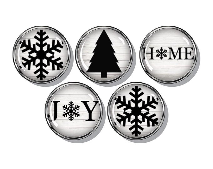 Winter magnets, Christmas tree, snowflakes, joy, set of five magnets