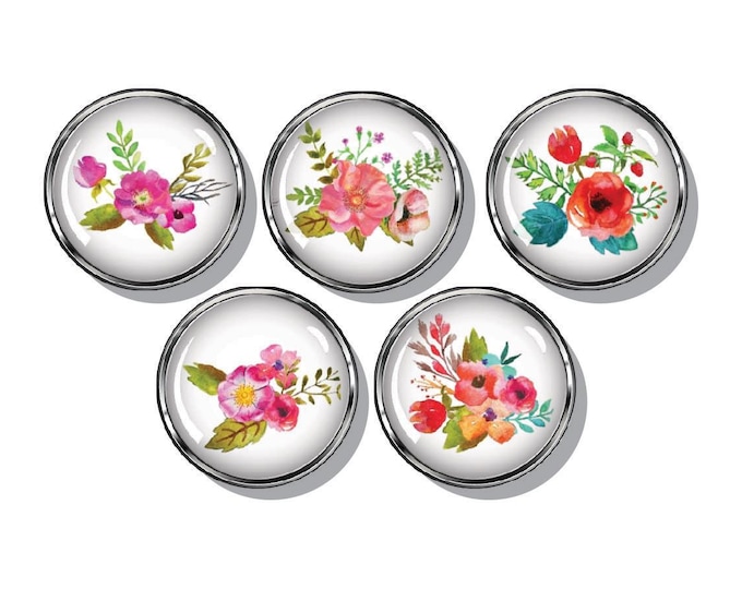 Floral art magnets, Watercolor flowers, set of five magnets