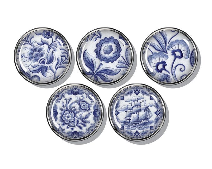 Blue white vintage floral magnets