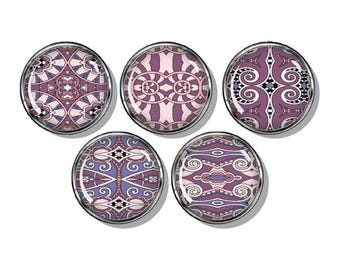 Pink, purple, Aztec, tribal, patterns, set of five magnets