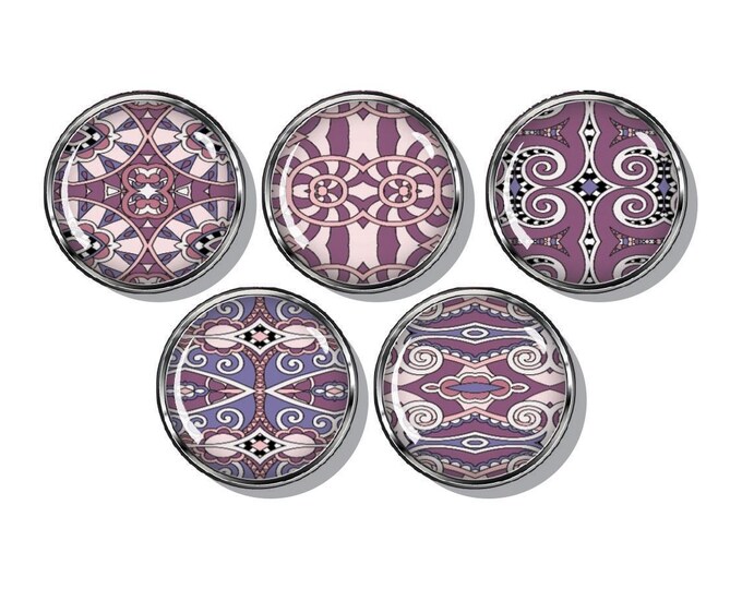 Pink, purple, Aztec, tribal, patterns, set of five magnets
