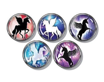 Pegasus unicorn purple, pink and blue set of five magnets