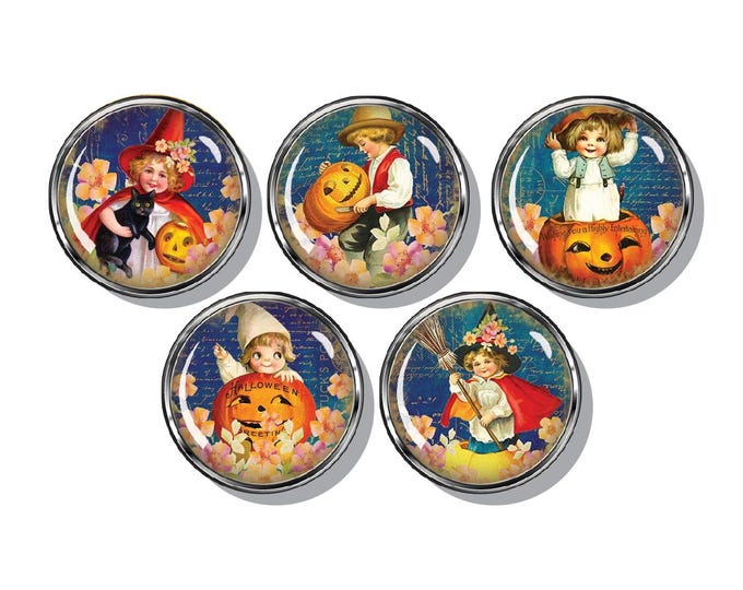 Retro witches and jack o lanterns, set of five magnets