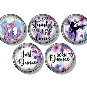 May include: Five round, silver-rimmed, glass charms with watercolor floral designs and inspirational dance quotes. The charms feature quotes like "If you stumble make it part of the dance", "Just Dance", and "Born to Dance".