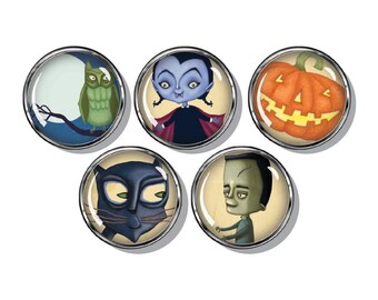 Halloween magnets, vampire, black cat, jack-o-lantern, Frankenstein, owl, set of five magnets