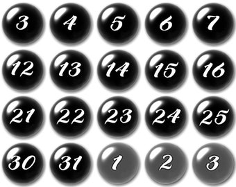 Glass Black  with white numbers calendar magnets, Script number font