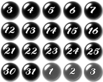 Glass Black  with white numbers calendar magnets, Script number font