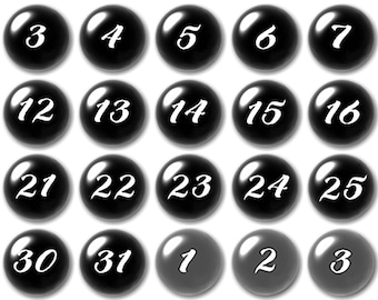 Glass Black  with white numbers calendar magnets, Script number font