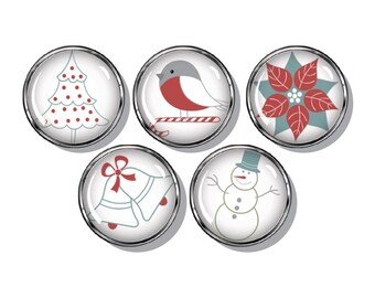 Christmas Magnets: Bird, Poinsettia, Snowman, Bells, Tree - Set of 5