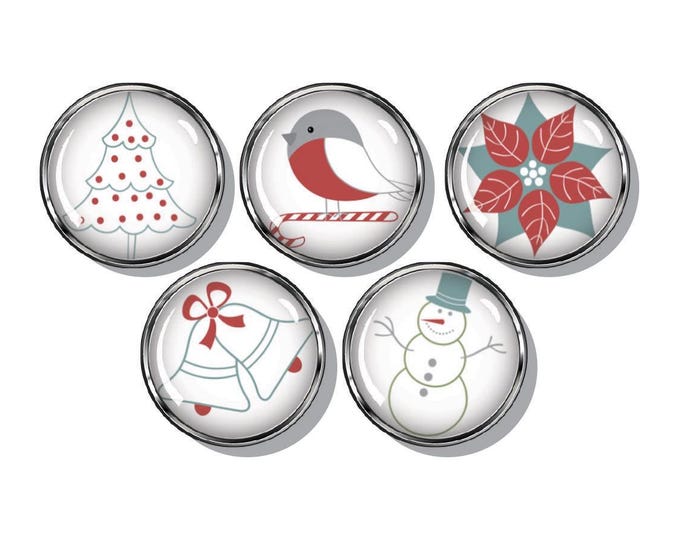 Christmas magnets, bird, poinsettia, snowman, bells, Christmas tree, set of five festive magnets
