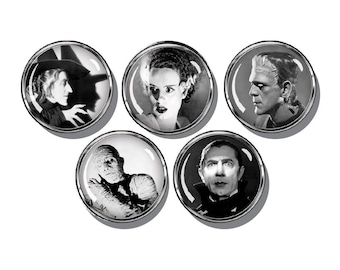 Classic monsters, vintage horror movies, Set of five magnets, Halloween decorations