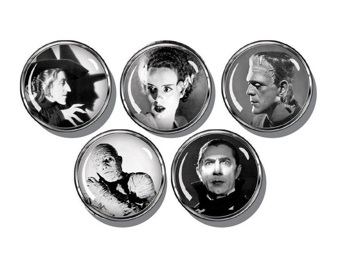 Classic monsters, vintage horror movies, Set of five magnets, Halloween decorations