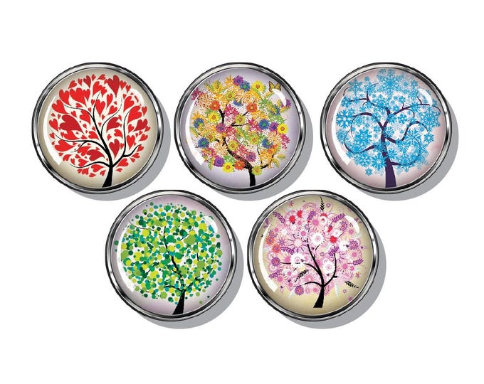 Tree of life. Set of five magnets. Colorful tree magnets.
