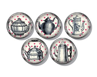 Antique teapot magnets, set of five, vintage kitchen decoration