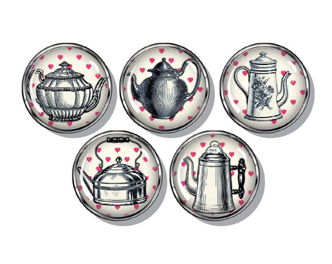 Antique teapot magnets, set of five, vintage kitchen decoration