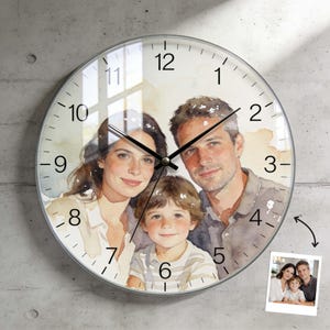 Custom Watercolor Portrait Wall Clock • Personalized Photo Clock with Family or Pets • Custom Face Clock • Unique Home Decor Gift