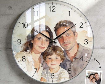 Custom Watercolor Portrait Wall Clock • Personalized Photo Clock with Family or Pets • Custom Face Clock • Unique Home Decor Gift