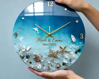 Personalized Glass Wall Clock, Custom Name Ocean Clock, Coastal Wall Decor, Beach Style Home Decor, Anniversary Wedding Gift