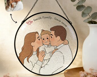 Atrapasueños de vidrio con retrato familiar personalizado, ilustración personalizada de familia y mascota, recuerdo conmemorativo para colgar en la ventana.