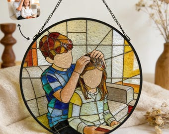Custom Stained Glass Portrait Suncatcher from Photo, Personalized Family or Couple Gift