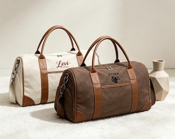Personalized Duffle Bag, Custom Name Travel Bag, Men's Weekender Bag, Canvas Leather Overnight Bag